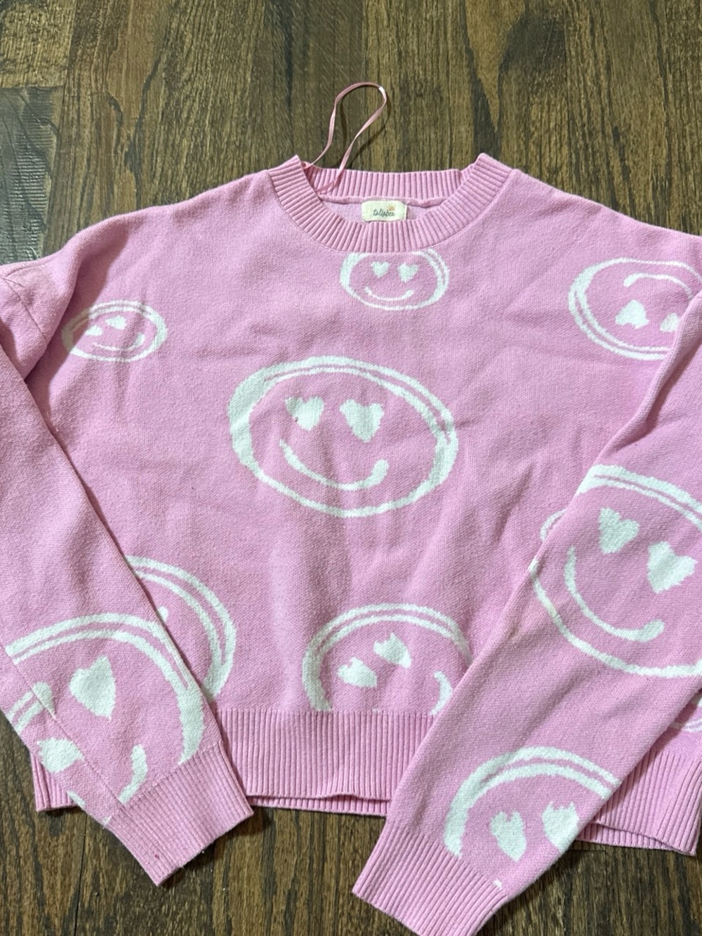 Altar'd State Pink Crewneck Sweater with White Heart-Eye Smiley Prints